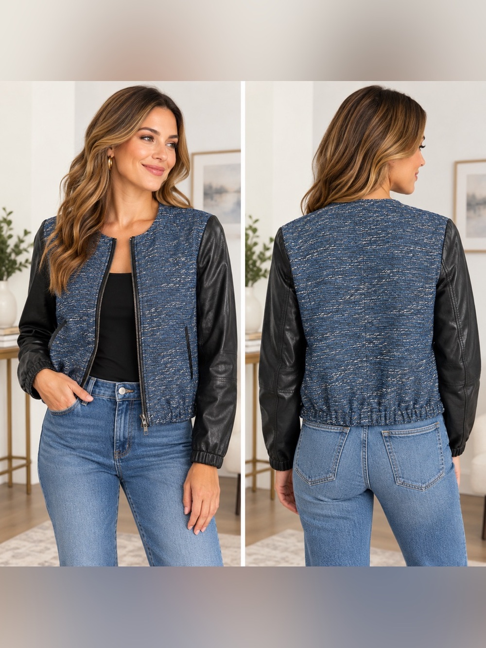 Madewell Shimmerweave Leather Sleeve Bomber Jacket Blue Black Two Way Zip Size S